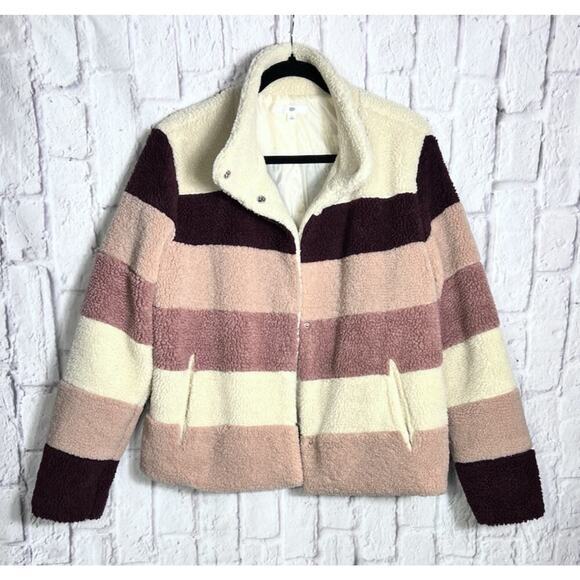Nordstrom BP Sherpa Teddy Fuzzy Striped Jacket Sweater Snap Closure Size Large - Picture 2 of 7